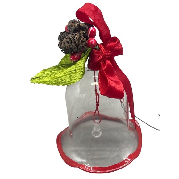 Christmas clear red striped bell tree ornament pine come ribbon glass 4" READ - Picture 1 of 8